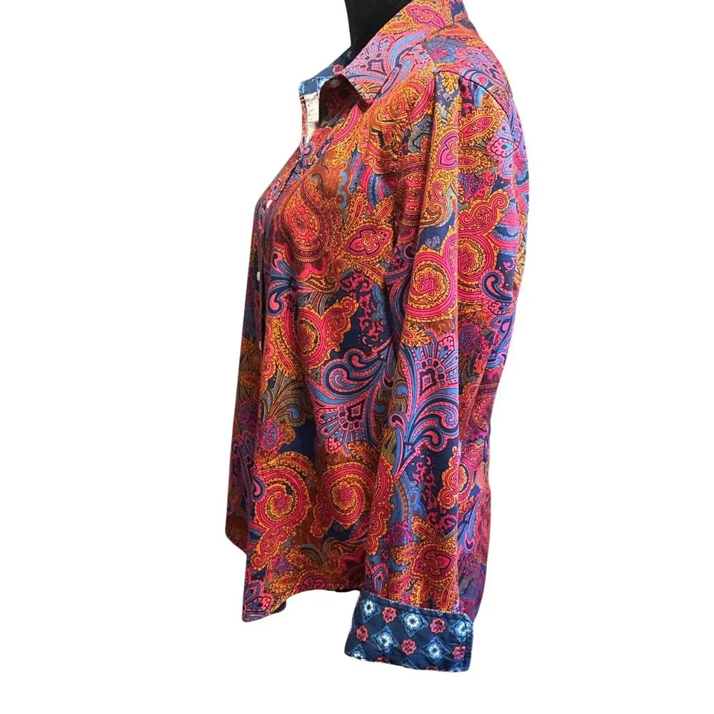 Vintage Paisley Button-Up Shirt With Vibrant Pink & Blue Design Long Sleeves Col - Picture 3 of 7